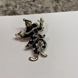 Dancing Jester / Clown Brooch Pin - Legs Move Gold Rhinestone / Black Enamel
